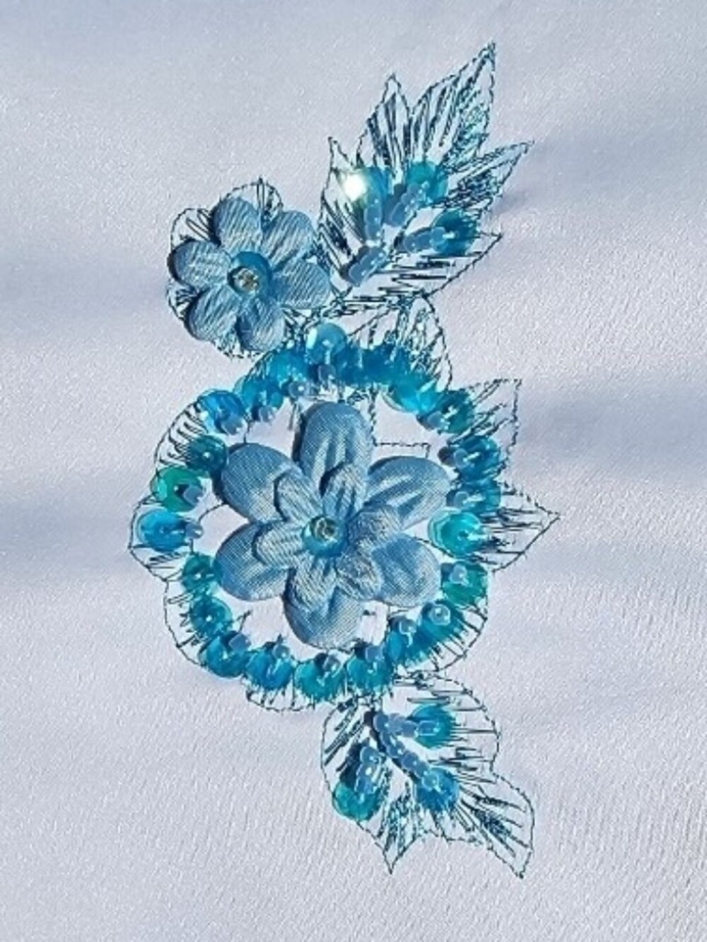 Applique 3D Vintage Beaded & Floral Satin Square Blue